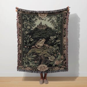 Goblincore Frog Blanket Medieval Toad Castle Tapestry Fantasy Woodland Frog Woven Blanket Gothic Whimsical Folklore Toad Dark Cottagecore