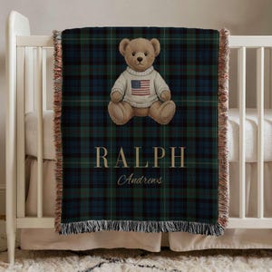 Custom Teddy Bear Blanket, Personalized Tartan Bear, Preppy Tartan Plaid Throw, Vintage Baby Boy Nursery Decor, Luxury Baby Shower Gift