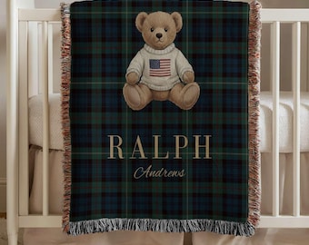 Custom Teddy Bear Blanket, Personalized Tartan Bear, Preppy Tartan Plaid Throw, Vintage Baby Boy Nursery Decor, Luxury Baby Shower Gift