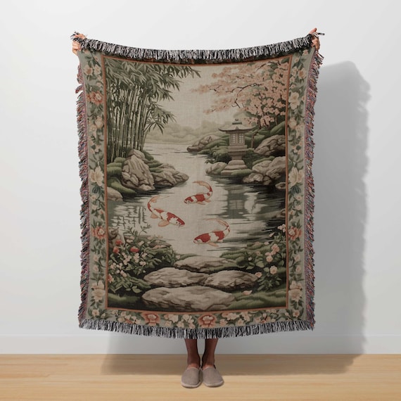 Koi Fish Woven Blanket Japanese Tapestry Japandi Art Botanical Decor Koi Fish Pond Zen Garden Oriental Floral Throw Traditional Asian Gift