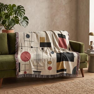 Midcentury Blanket Modern Woven Throw Bauhaus Retro Abstract Tapestry Maximalist Art Deco Boho Couch Decor Geometric Blanket Contemporary