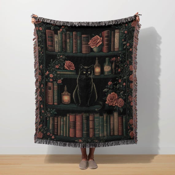Black Cat Blanket Cat Woven Blanket Bookish Cat Throw Witchy Gothic Tapestry Dark Academia Crazy Cat Lady Gift Booknook Vintage Floral Roses