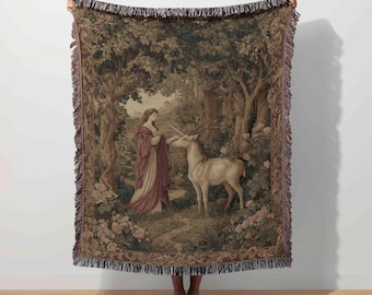 Lady and The Unicorn Tapestry Medieval Woven Blanket Renaissance Throw Ancient Home Decor Historical Tapestry Fairytale Art Vintage Fantasy