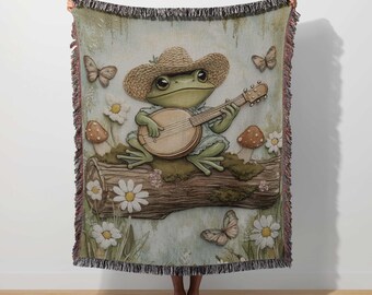 Frog Woven Blanket Botanical Toad Throw Retro Frog Banjo Whimsical Tapestry Cottagecore Decor Enchanted Forest Woodland Mushroom Fairycore
