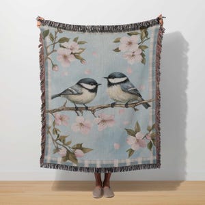 Blue Bird Woven Blanket Spring Floral Throw Cottagecore Tapestry Botanical Blanket Woodland Song Bird Lover Farmhouse Nature Whimsical Gift