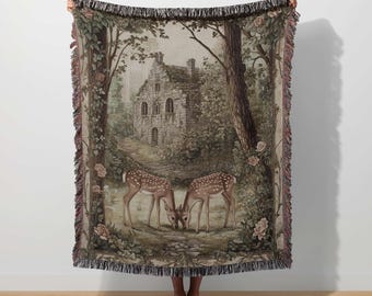 French Verdure Tapestry Deer Woven Blanket Aubusson Throw Vintage European Antique Countryside Pastoral Forest Woodland Chateau Cottagecore