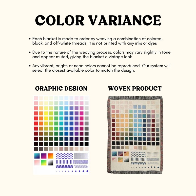 The image is a comparison between a graphic design and a woven product, both of which are used to create blankets. The graphic design represents the colors and patterns used in the design process, while the woven product represents the final product made from those colors and patterns.