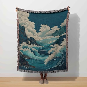 Japanese Landscape, Japandi Tapestry, Great Wave Kanagawa Art, Woodblock Ukiyoe Hokusai, Nature Woven Blanket, Abstract Throw Zen Home Decor