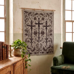 Medieval Sword Woven Tapestry, Regal Tapestry, Gothic Floral Decor, Renaissance Art, Fantasy Knight, Vintage Warrior, Antique Wall Hanging