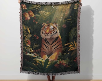 Tiger Woven Blanket Tropical Animal Throw Boho Botanical Tiger Jungle Decor Rainforest Tapestry Safari Wildlife Gift Nature Maximalist Art