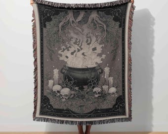 Witchy Woven Blanket Gothic Halloween Tapestry Cauldron Throw Witchcore Dark Academia Decor Enchanted Moody Occult Skull Spooky Season Art