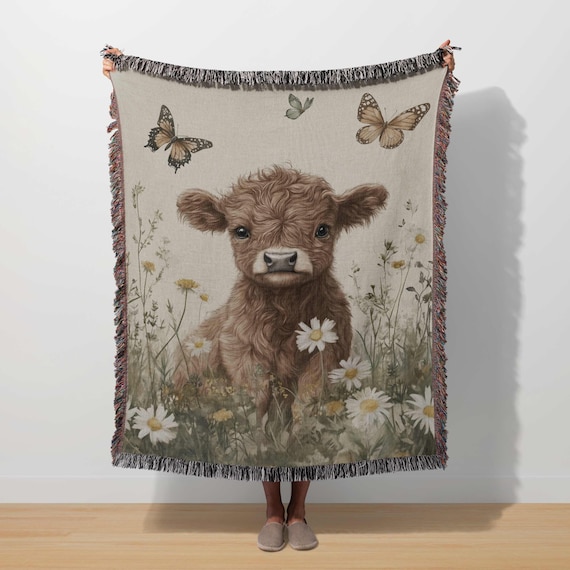 Highland Cow Blanket Cottagecore Throw Farm Animal Tapestry Farmhouse Daisy Floral Baby Highland Cow Woven Blanket Botanical Calf Art Boho