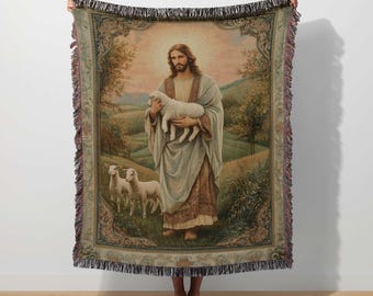 Christian Blanket Jesus Woven Throw Religious Tapestry Lord Lamb Blanket Shepherd Faith Based Throw Catholic Gift Worship Prayer Bible Art