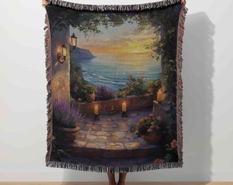 Mediterranean Throw, Greek Woven Blanket, Coastal Tapestry, Amalfi Coast, Romantic Decor, Greece Home Decor