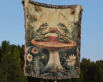 Frog Couple Woven Blanket, Mushroom Toad Wall Hanging, Whimsical Botanical Throw, Woodland Nature Decor, Enchanted Forest, Tapestry
