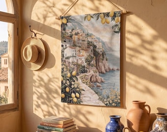 Amalfi Coast Lemon Grove Woven Tapestry, Italian Village Wall Hanging Art, Mediterranean Summer Wall Hanging, European Home Decor