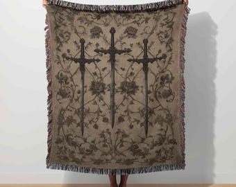 Medieval Sword Tapestry Gothic Woven Blanket Floral Swords Throw Renaissance Art Antique Home Decor Fantasy Knight Vintage Warrior Regal