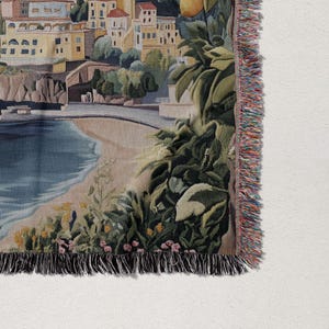 a painting of a beach with a city in the background