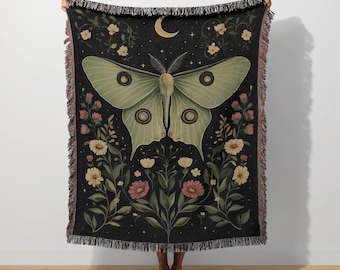Moth Woven Blanket Luna Moth Witchy Butterfly Moon Gothic Tapestry Whimsigoth Throw Academia Mystical Goblincore Floral Blanket Cottagecore