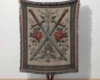 Medieval Sword Tapestry Gothic Woven Blanket Floral Swords Throw Renaissance Art Antique Home Decor Fantasy Knight Vintage Warrior Regal