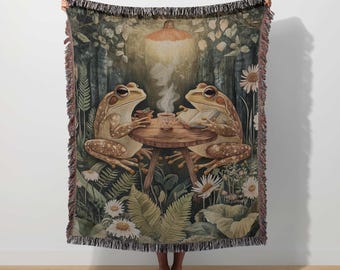 Frog Couple Woven Blanket, Botanical Toad Wall Hanging Tapestry, Whimsical Frog Throw, Cottagecore Decor, Enchanted Forest, Woodland Nature