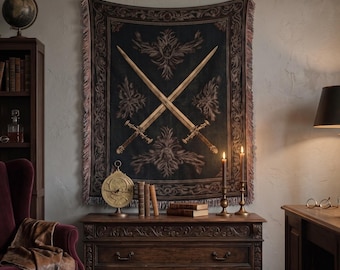 Medieval Sword Tapestry Gothic Woven Blanket Sword Throw Renaissance Art Antique Home Decor Dark Fantasy Knight Vintage Warrior Regal Gift