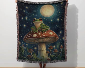 Frog Woven Blanket Mushroom Toad Throw Celestial Frog Mystical Moon Tapestry Starry Night Magical Botanical Nature Forest Whimsical Decor