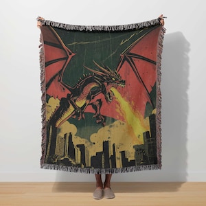 Retro Comic Dragon Woven Blanket Dark Fantasy Fire Dragon Home Decor Kaiju Dragon Art Movie Poster Tapestry Apocalypse Dragon Lover Throw