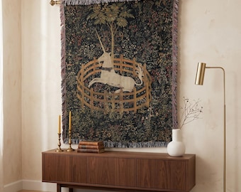 Unicorn in Captivity Wall Tapestry, Medieval Woven Blanket, Renaissance Home Decor, Vintage History, Antique Art Lover, Cotton Throw