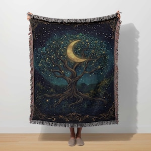 Baum des Lebens Decke Mystisch Tapisserie Nacht Gewebt Werfen Verzaubert Mond Dunkel Wald Cosmic Natur Dekor Botanische Mythologie Garten Spiritualität
