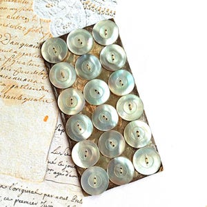 Può includere: Una collezione di bottoni rotondi iridescenti in madreperla con fori dorati, disposti su una piastra metallica rettangolare. I bottoni sono di un colore bianco perlaceo. Lo sfondo include carta vintage con scritta a mano.