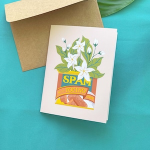 Sampaguitas dans Spam Can Carte de vœux 4,25" x 5,5" | Viande pour le déjeuner | Sampaguitas | Recycler | Fil-am | Américain philippin | Pinay | Pinoy