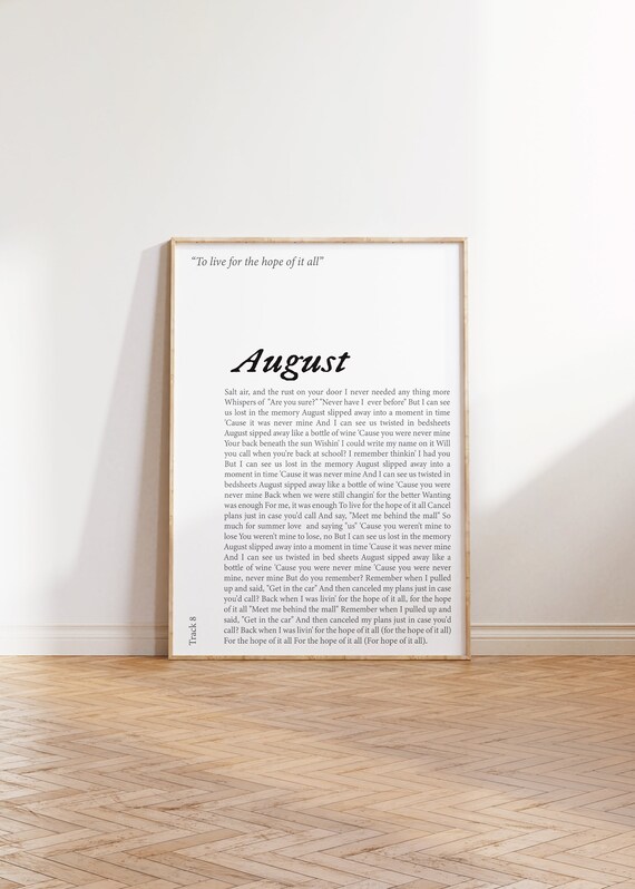 Taylor Swift Poster Print August Lyrics Folklore Poster