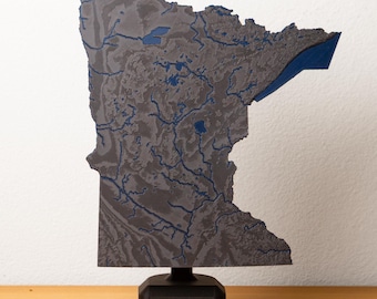 Minnesota 3D Map - Topographic State Map with Rivers and Lakes - with Stand - 3D Printed