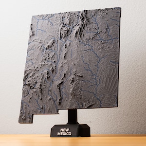 May include: A gray 3D topographical map of New Mexico, mounted on a black stand. The map shows the state's terrain with detailed relief and blue river lines. The base of the stand reads "NEW MEXICO" in white text.
