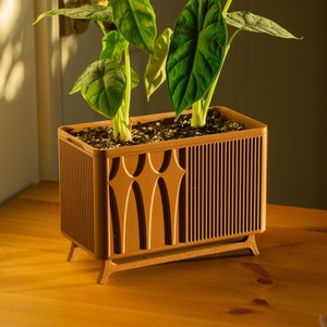 Può includere: Un vaso da fiori marrone con un design moderno di metà secolo presenta una pianta verde frondosa con foglie grandi. Il vaso ha una forma rettangolare con un motivo decorativo e poggia su quattro gambe.