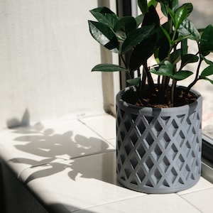 Pode incluir: Uma planta verde em vaso em um vaso cinza com um padrão de diamante. O vaso está sentado em um peitoril de janela branco.