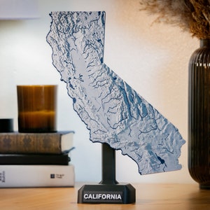 Carte topographique de l'État de Californie - avec rivières et lacs - avec support - Imprimée en 3D