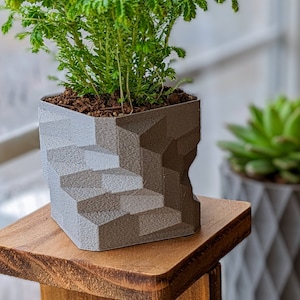 May include: A small green plant in a gray and brown geometric planter. The planter is sitting on a wooden stand.