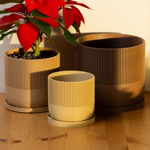 May include: Three terracotta plant pots with a ribbed design. The largest pot is brown, the medium pot is beige, and the smallest pot is beige. A red poinsettia plant is in the smallest pot.