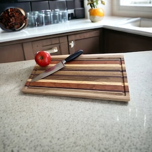 Premium handcrafted end-grain custom made cutting board with juice groove, multiple wood colorful, made of various woods, size 20 x 12 x 1