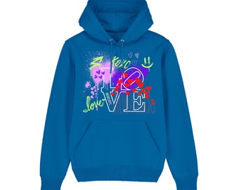 Blauwe hoodie met print op de voorkant, LOVE-slogan, Suscape