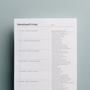 May include: A printable worksheet with the title "Intentional Living" and a list of categories including self-care, health, relationships, personal growth, time & energy, adventure, and bonus. Each category has a question and a space for checkboxes.
