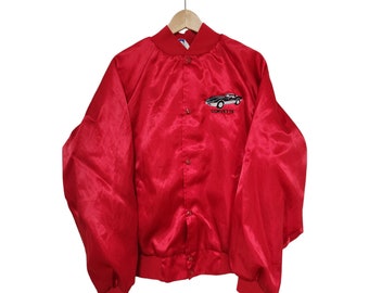 Vintage Corvette Satin Jacket, L Red 80s Lightweight Bomber Racing Promo Classic Cars, Snap on, Made in USA, Westark