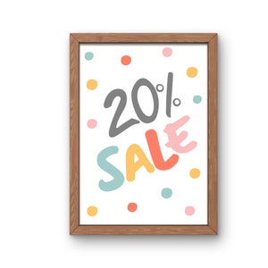 20 % de réduction sur l'enseigne, remise boutique, signalétique imprimable du magasin, affiche des soldes de fin de saison, soldes été automne, téléchargement numérique