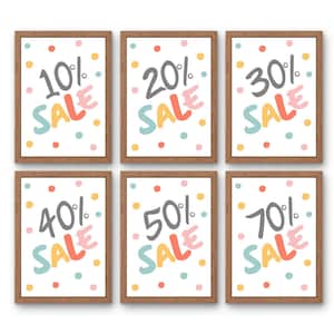 以下が含まれることがあります： カラフルな文字で「SALE」と書かれた6つの額入りプリント。各プリントには、10％、20％、30％、40％、50％、70％と異なる割合が表示されています。背景は、カラフルな水玉模様の白です。