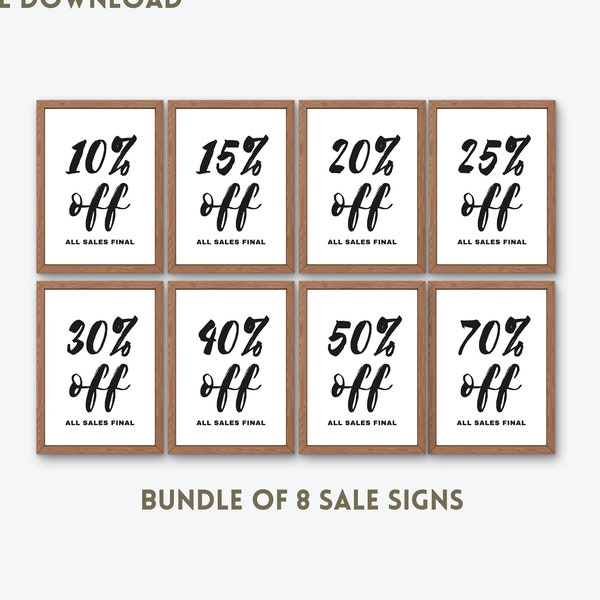 Sale Sign Bundle x8, All Sales Final, 10% 15 20 25 30 40 50 70 Percent Off, Wall/Table Top Sign, Printable Boutique Signage Digital Download