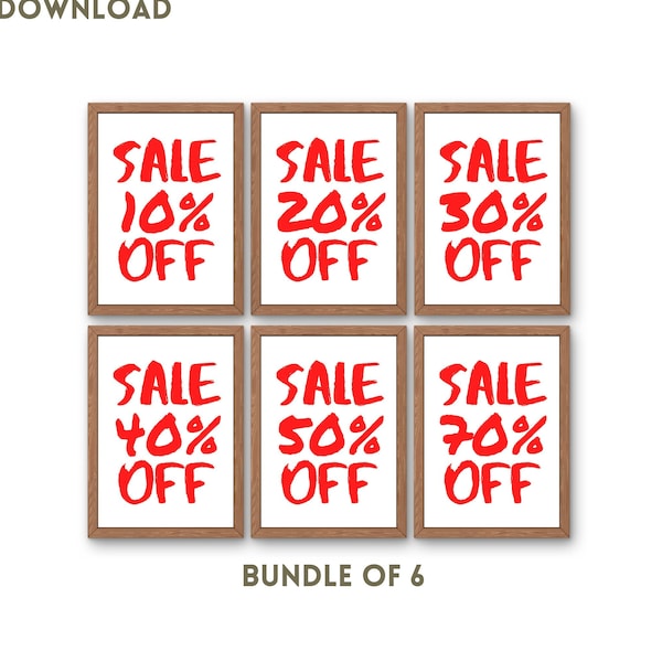 Sale Sign Bundle Deal, Red Boutique Sale Sign, Printable, 10% 20 30 40 50 70 Percent Off, Retail Clearance End Season Sale, Digital Download