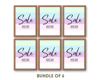 Sale Sign Bundle x6, 10 20 30 40 50 70% Off Sign, Retail Store Signage, Boutique Poster, Pastel, Clearance Sale, Printable, Digital Download