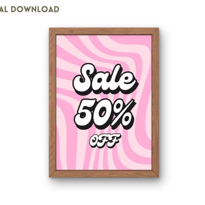 May include: A pink and white striped background with the text "Sale 50% Off" in a retro font.